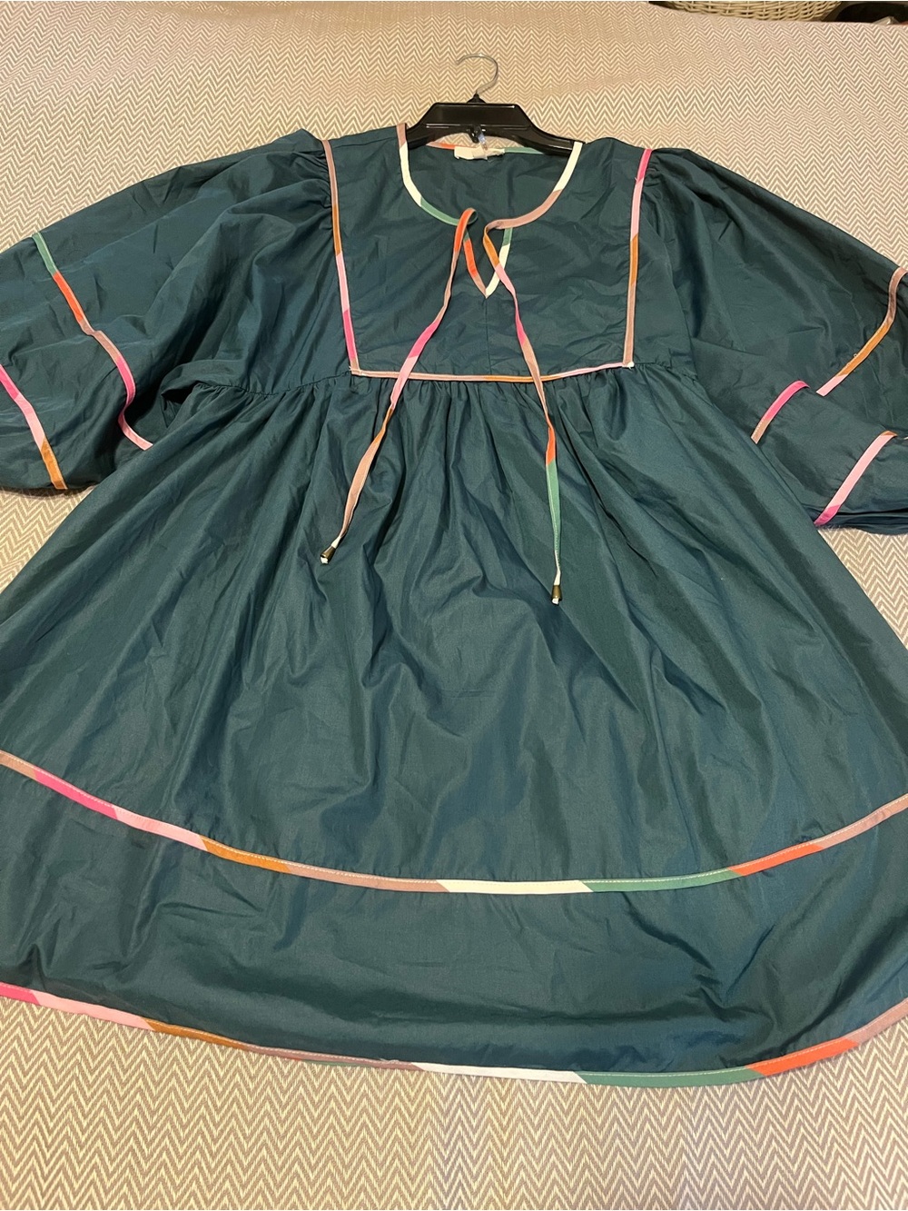 Entro Dark Green Multicolor Trim Mini Dress with Puffed Sleeves. Like new!
